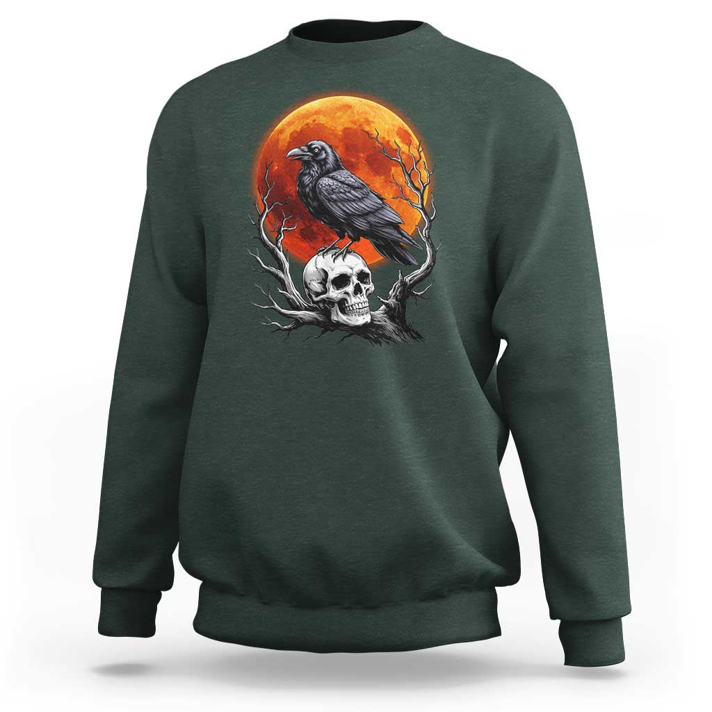 Gothic Raven on Skull Blood Moon Sweatshirt Spooky Halloween Macabre Dark Art Graphic