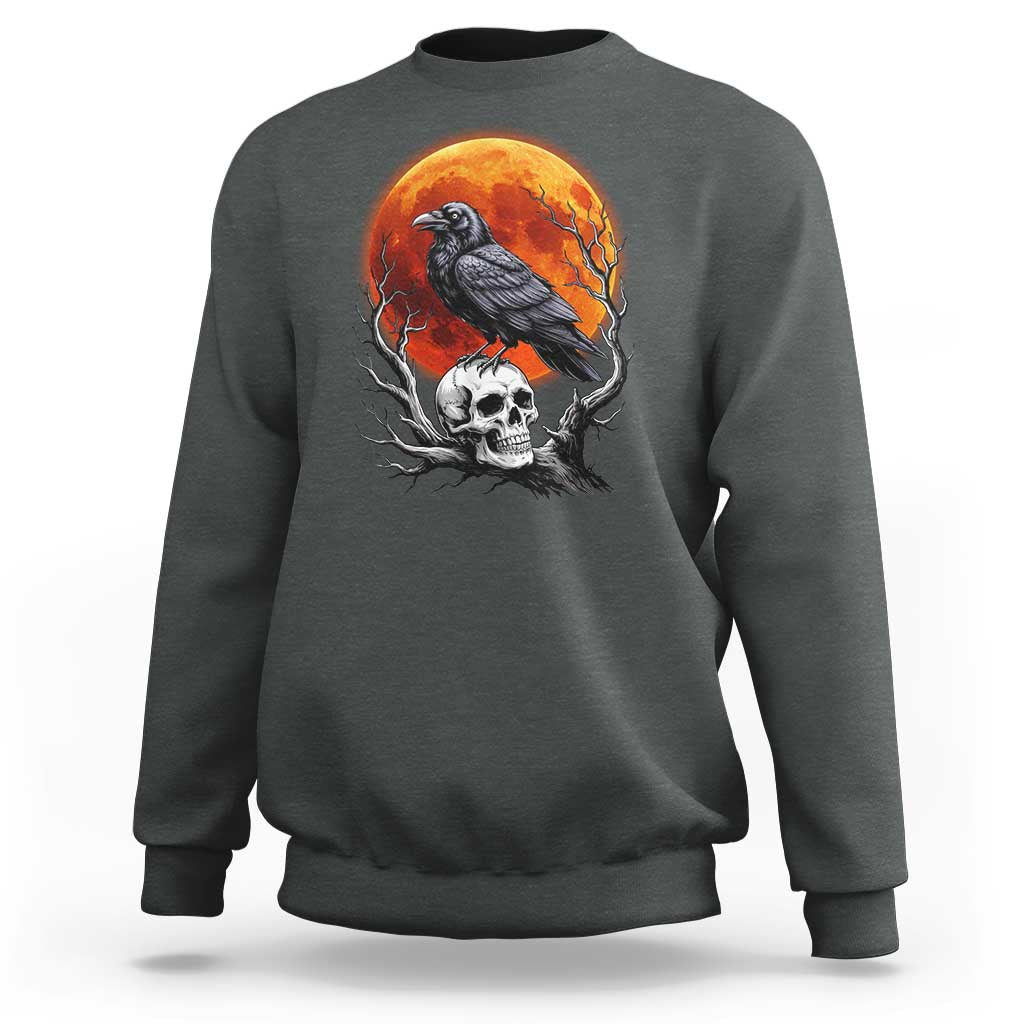 Gothic Raven on Skull Blood Moon Sweatshirt Spooky Halloween Macabre Dark Art Graphic