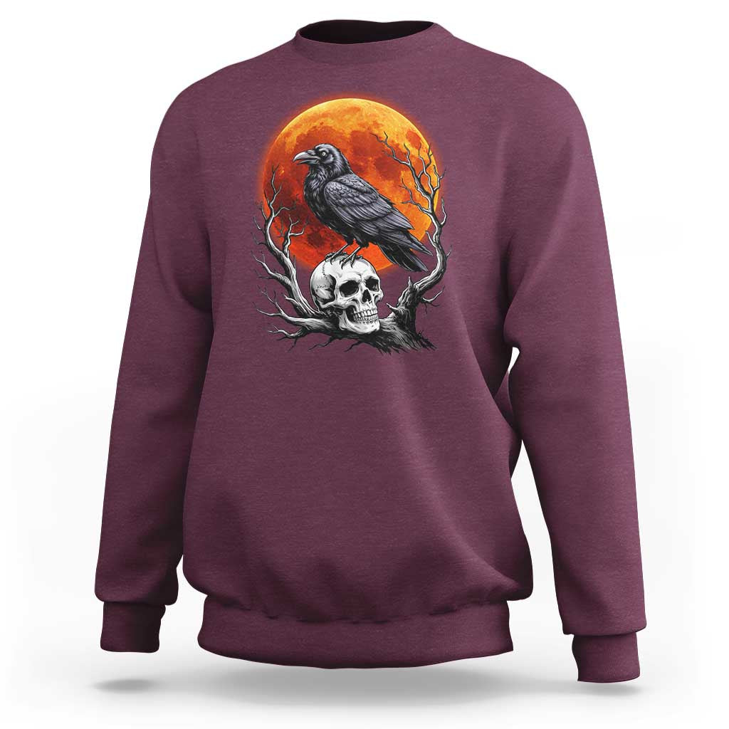 Gothic Raven on Skull Blood Moon Sweatshirt Spooky Halloween Macabre Dark Art Graphic