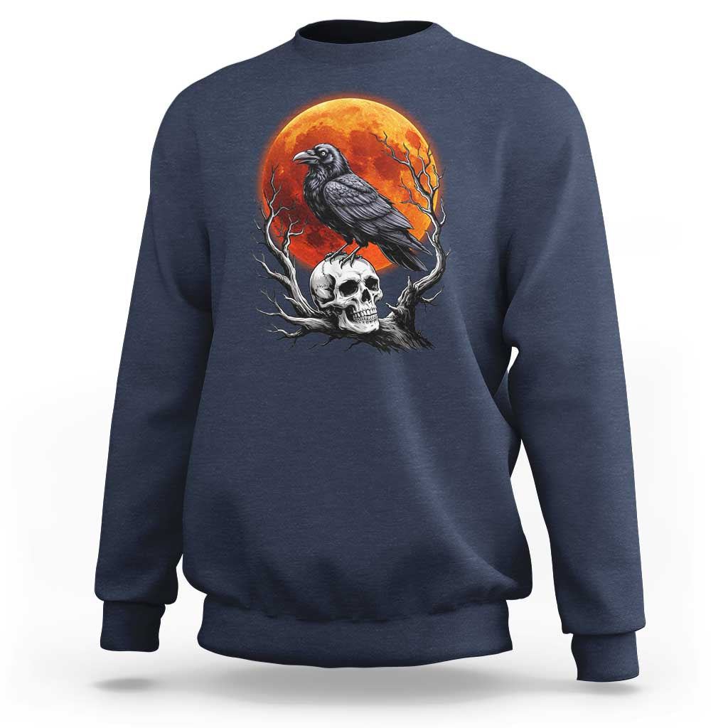 Gothic Raven on Skull Blood Moon Sweatshirt Spooky Halloween Macabre Dark Art Graphic