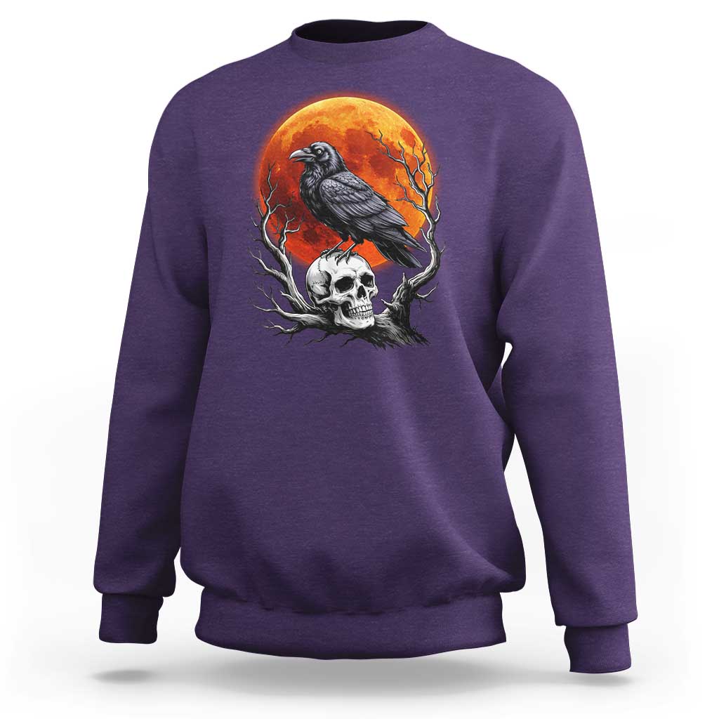 Gothic Raven on Skull Blood Moon Sweatshirt Spooky Halloween Macabre Dark Art Graphic