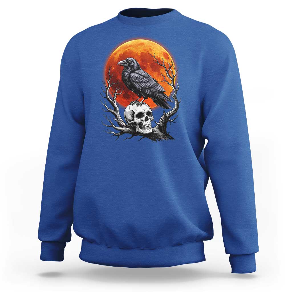 Gothic Raven on Skull Blood Moon Sweatshirt Spooky Halloween Macabre Dark Art Graphic