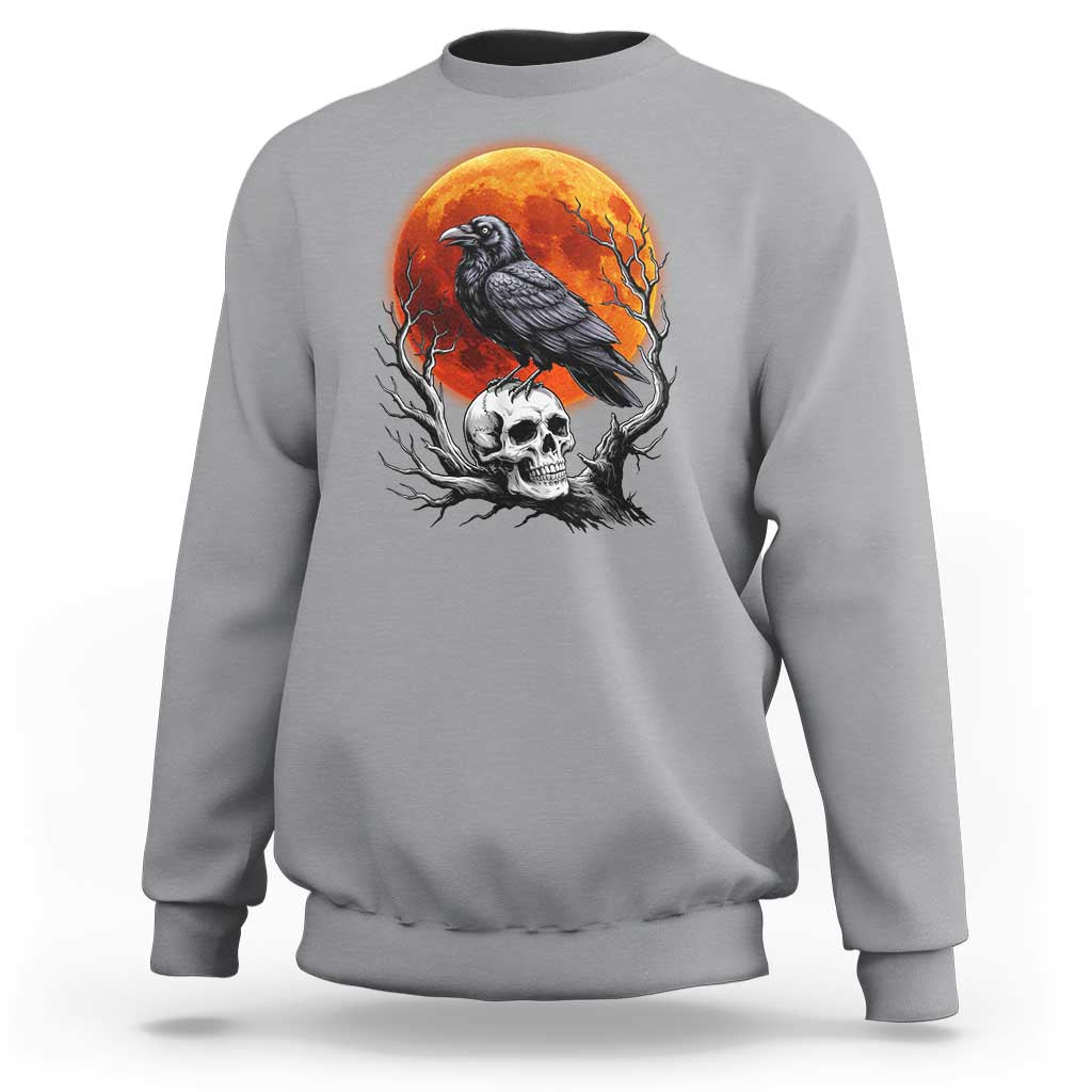 Gothic Raven on Skull Blood Moon Sweatshirt Spooky Halloween Macabre Dark Art Graphic