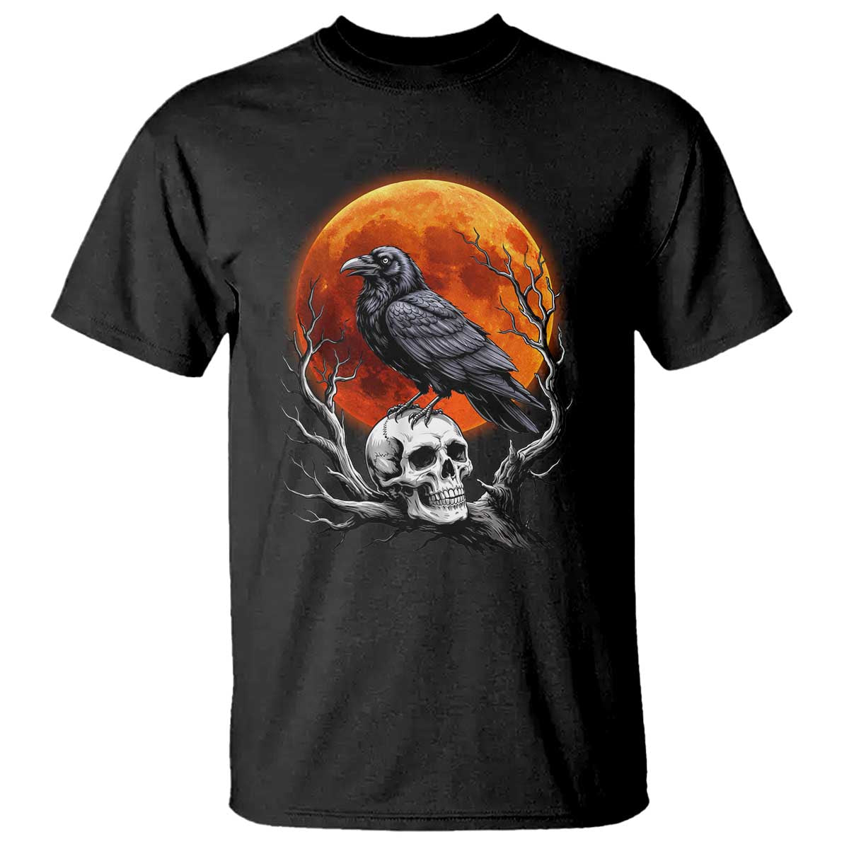 Gothic Raven on Skull Blood Moon T Shirt Spooky Halloween Macabre Dark Art Graphic