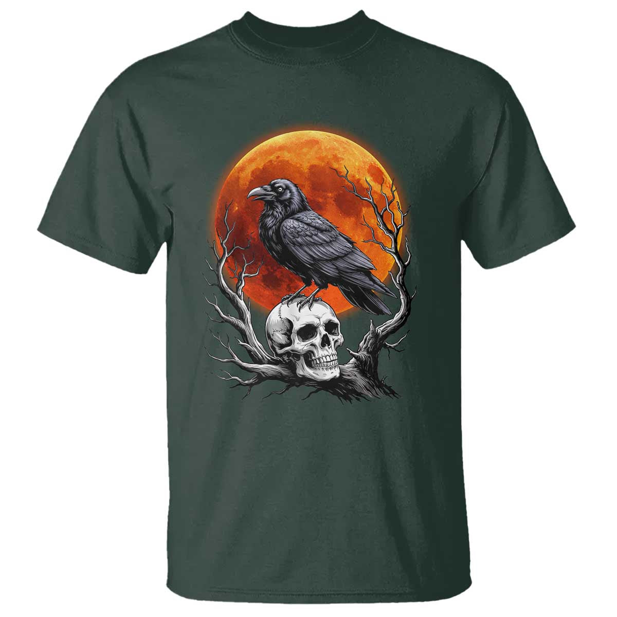 Gothic Raven on Skull Blood Moon T Shirt Spooky Halloween Macabre Dark Art Graphic