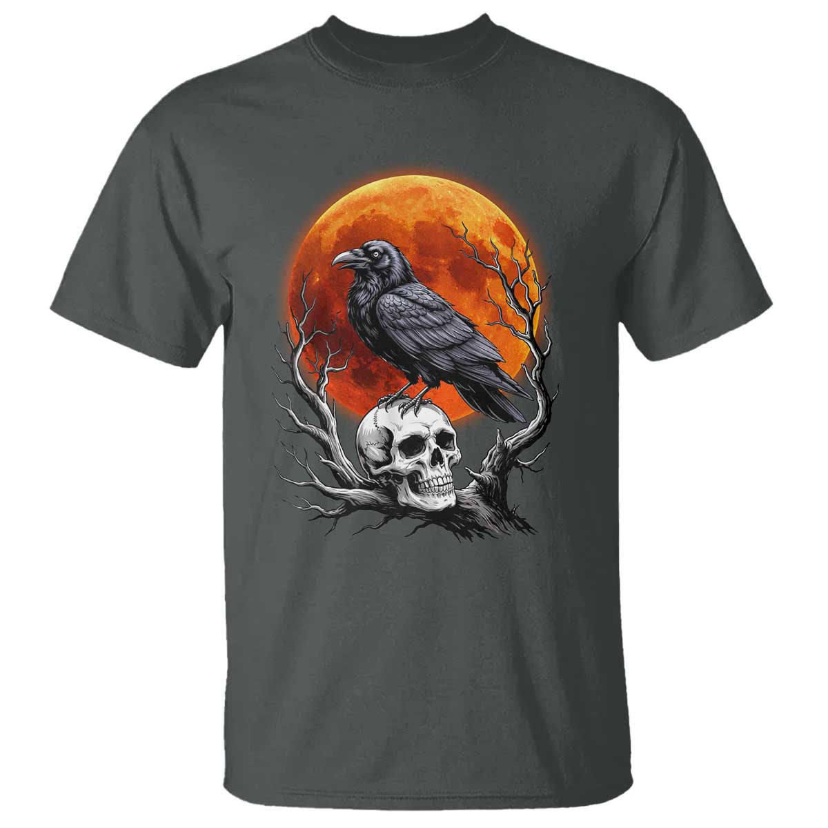Gothic Raven on Skull Blood Moon T Shirt Spooky Halloween Macabre Dark Art Graphic