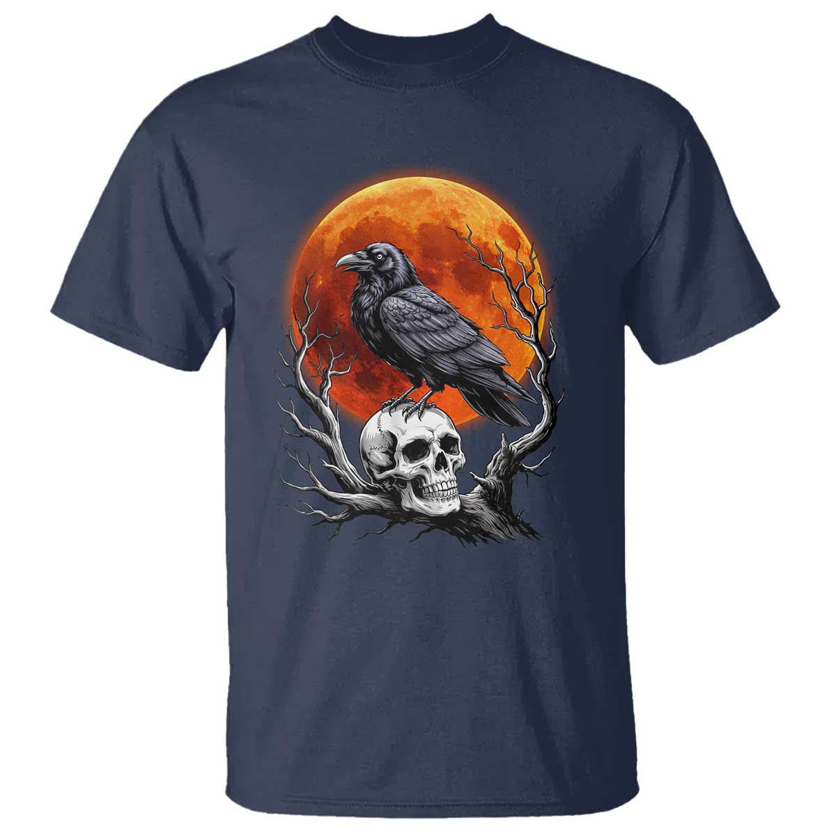 Gothic Raven on Skull Blood Moon T Shirt Spooky Halloween Macabre Dark Art Graphic