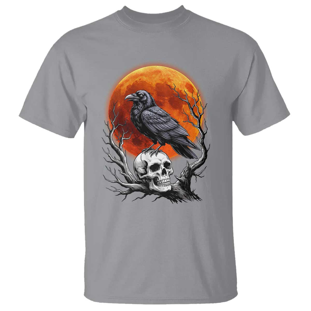 Gothic Raven on Skull Blood Moon T Shirt Spooky Halloween Macabre Dark Art Graphic