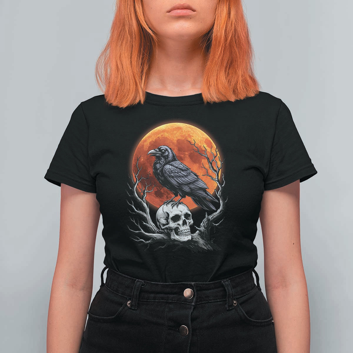 Gothic Raven on Skull Blood Moon T Shirt For Women Spooky Halloween Macabre Dark Art Graphic