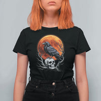 Gothic Raven on Skull Blood Moon T Shirt For Women Spooky Halloween Macabre Dark Art Graphic