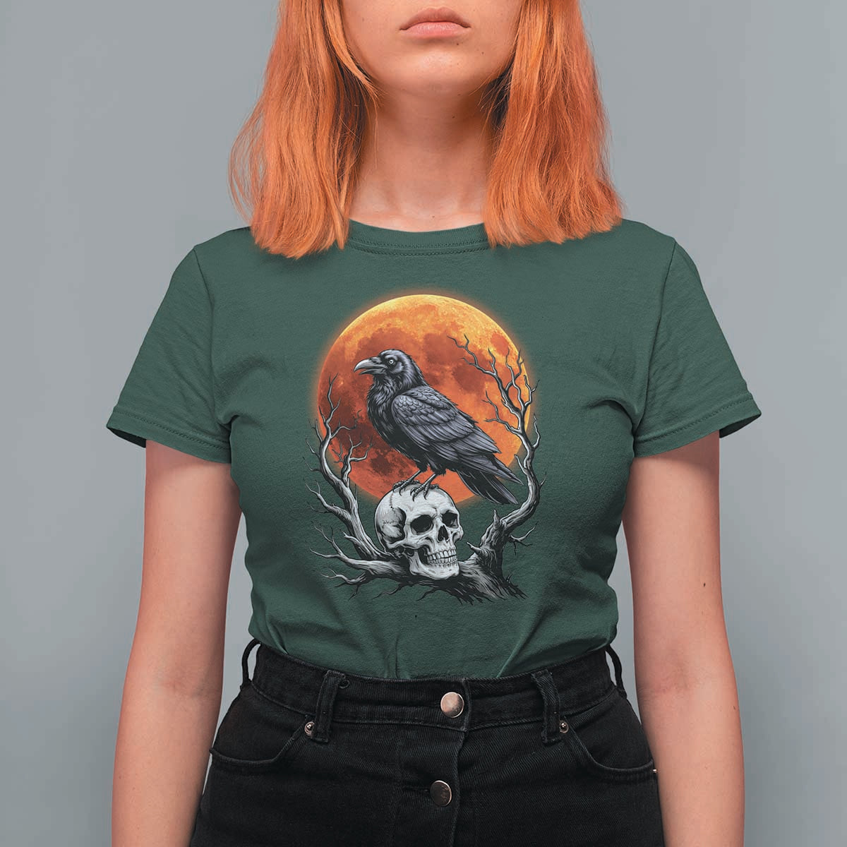 Gothic Raven on Skull Blood Moon T Shirt For Women Spooky Halloween Macabre Dark Art Graphic