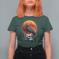 Gothic Raven on Skull Blood Moon T Shirt For Women Spooky Halloween Macabre Dark Art Graphic