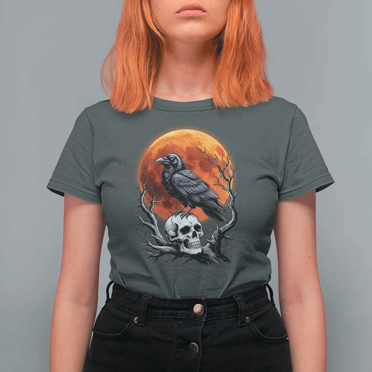 Gothic Raven on Skull Blood Moon T Shirt For Women Spooky Halloween Macabre Dark Art Graphic