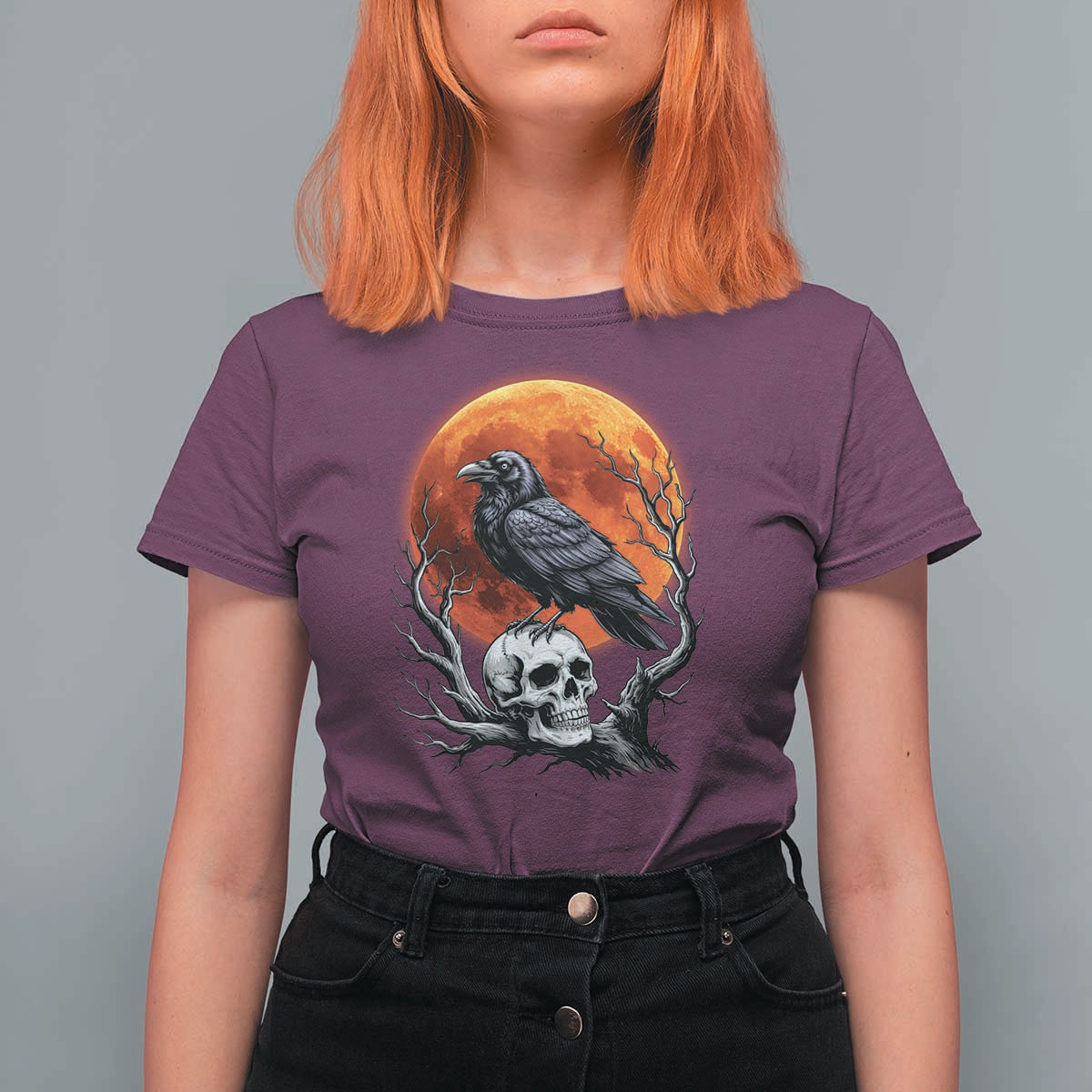 Gothic Raven on Skull Blood Moon T Shirt For Women Spooky Halloween Macabre Dark Art Graphic