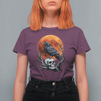 Gothic Raven on Skull Blood Moon T Shirt For Women Spooky Halloween Macabre Dark Art Graphic