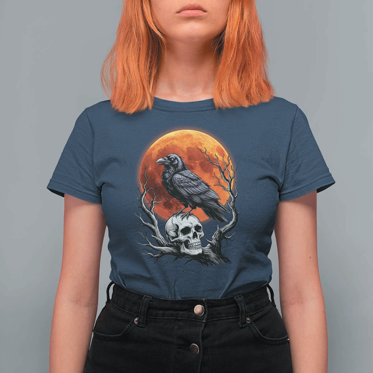 Gothic Raven on Skull Blood Moon T Shirt For Women Spooky Halloween Macabre Dark Art Graphic
