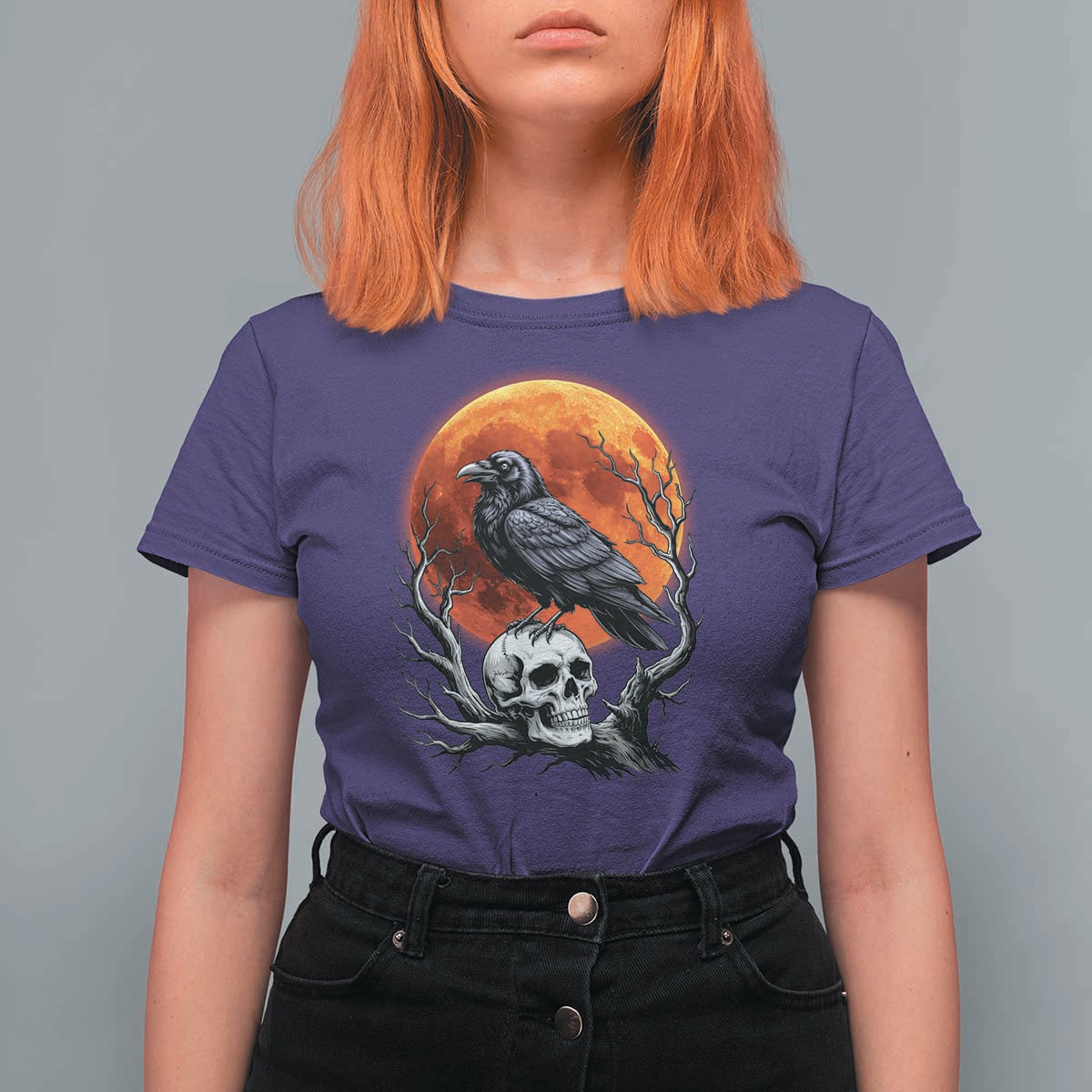 Gothic Raven on Skull Blood Moon T Shirt For Women Spooky Halloween Macabre Dark Art Graphic