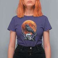 Gothic Raven on Skull Blood Moon T Shirt For Women Spooky Halloween Macabre Dark Art Graphic