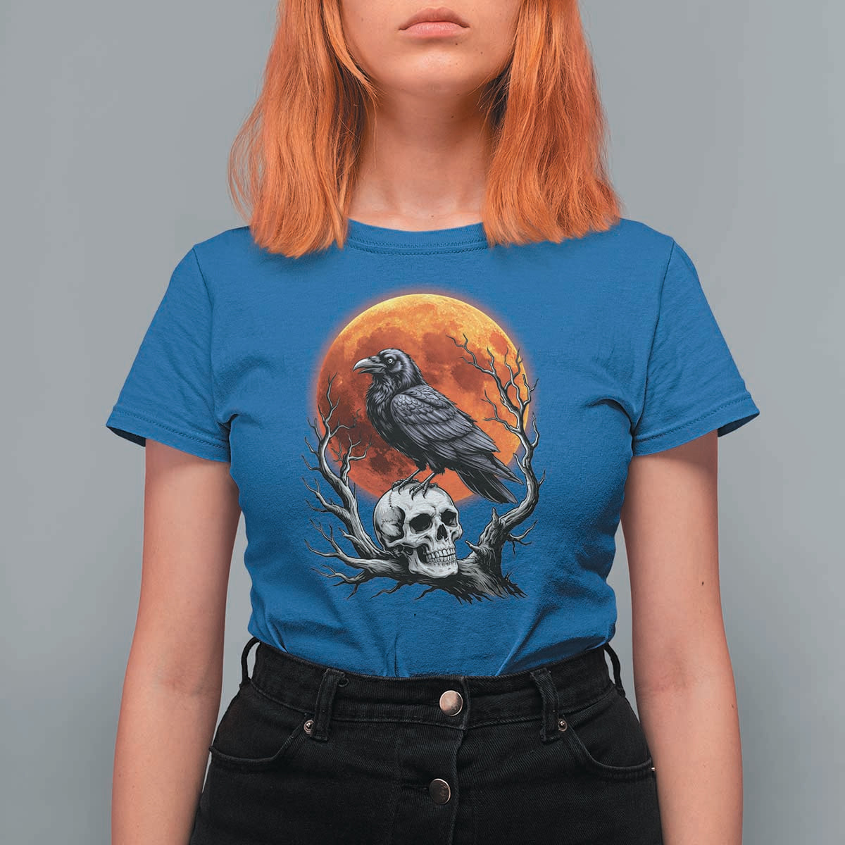 Gothic Raven on Skull Blood Moon T Shirt For Women Spooky Halloween Macabre Dark Art Graphic