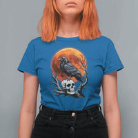 Gothic Raven on Skull Blood Moon T Shirt For Women Spooky Halloween Macabre Dark Art Graphic