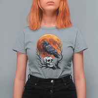 Gothic Raven on Skull Blood Moon T Shirt For Women Spooky Halloween Macabre Dark Art Graphic