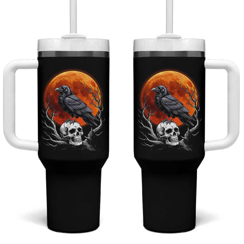 Gothic Raven on Skull Blood Moon Tumbler With Handle Spooky Halloween Macabre Dark Art Graphic