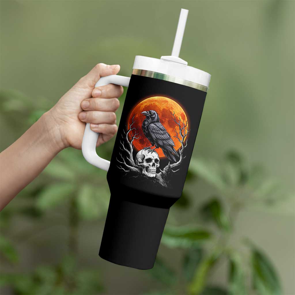 Gothic Raven on Skull Blood Moon Tumbler With Handle Spooky Halloween Macabre Dark Art Graphic