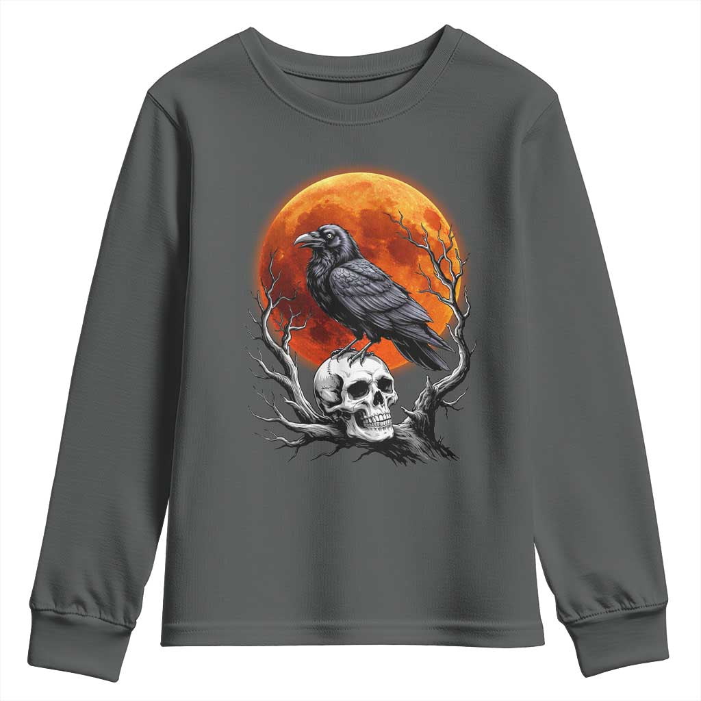 Gothic Raven on Skull Blood Moon Youth Sweatshirt Spooky Halloween Macabre Dark Art Graphic