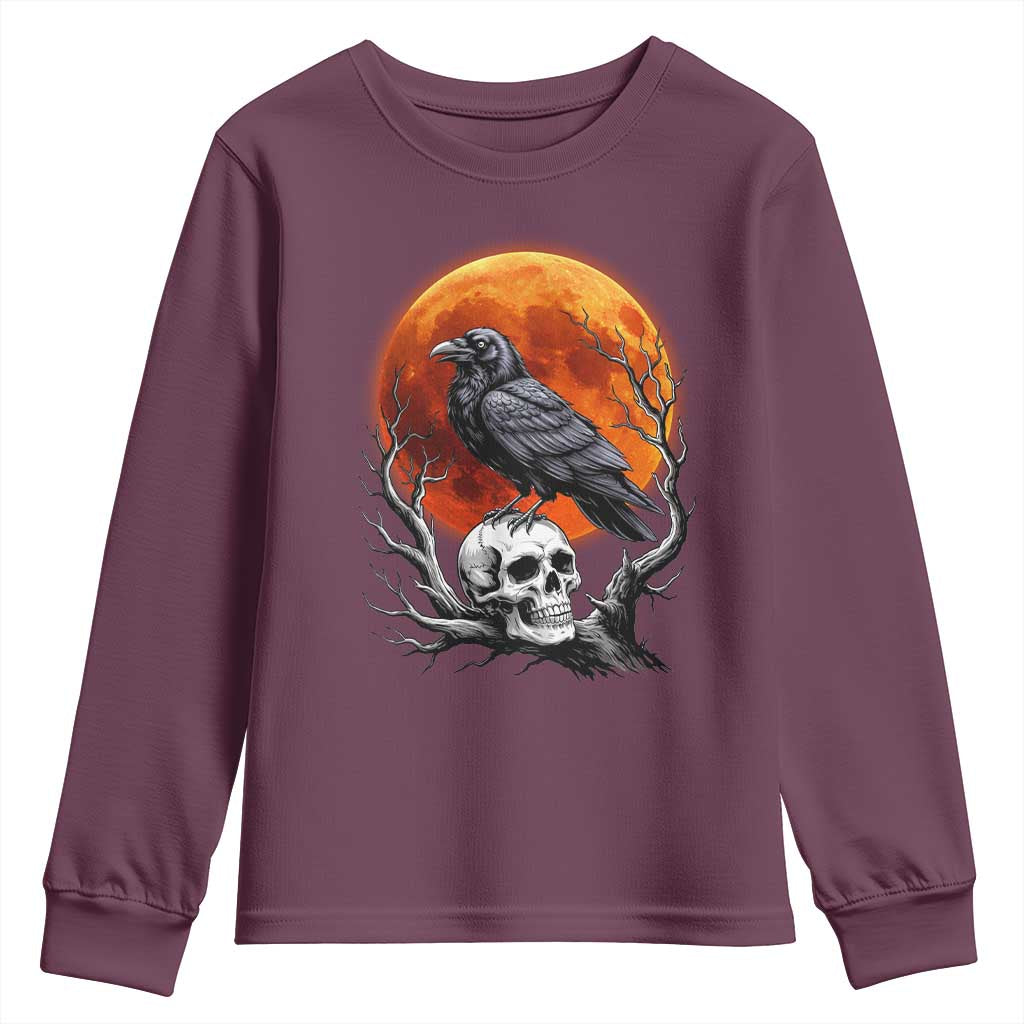 Gothic Raven on Skull Blood Moon Youth Sweatshirt Spooky Halloween Macabre Dark Art Graphic