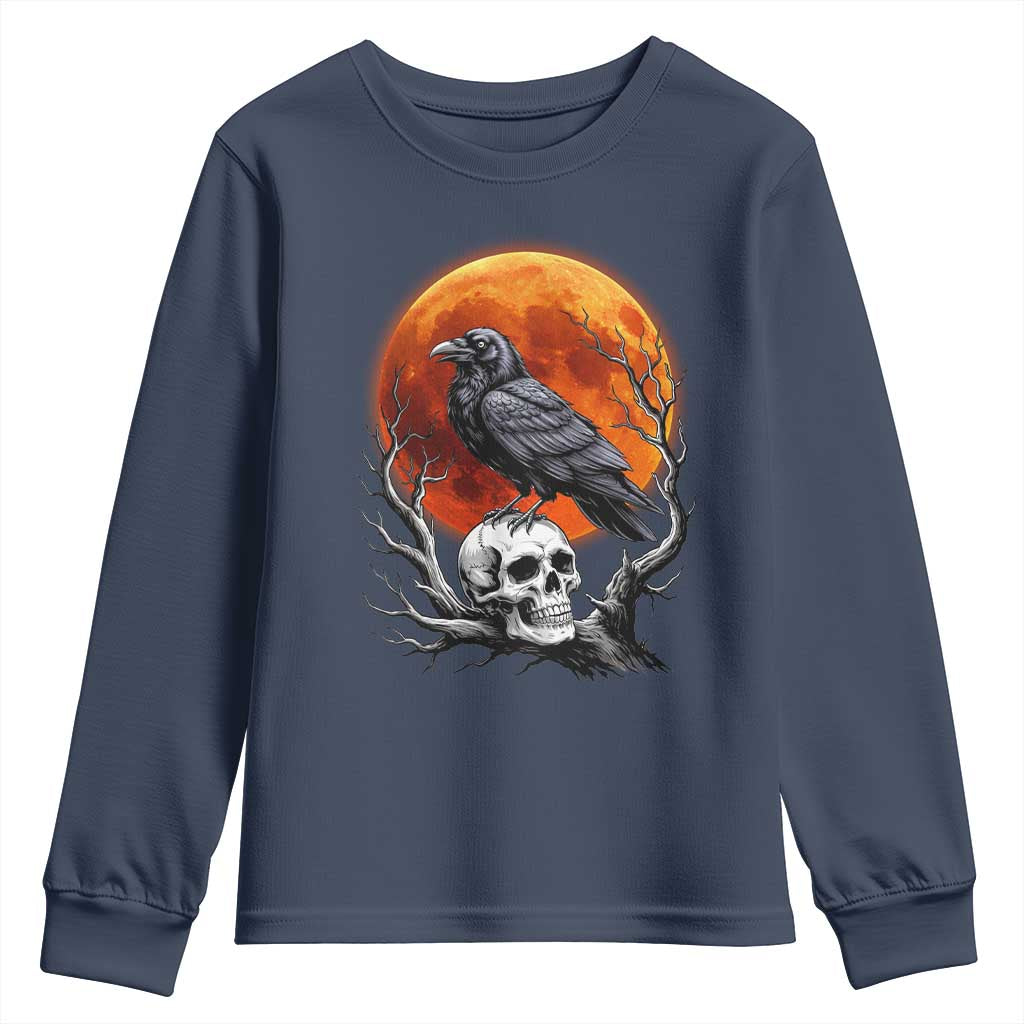 Gothic Raven on Skull Blood Moon Youth Sweatshirt Spooky Halloween Macabre Dark Art Graphic