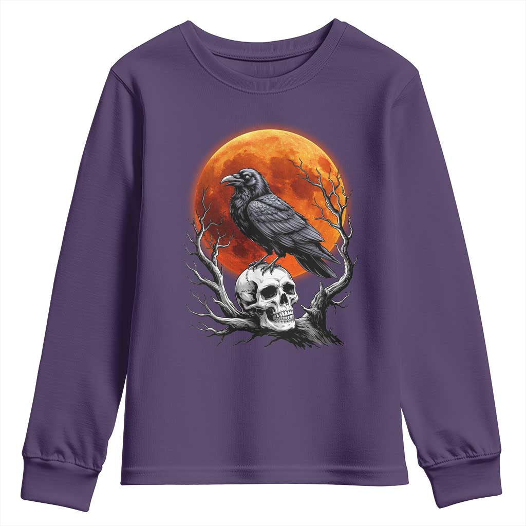 Gothic Raven on Skull Blood Moon Youth Sweatshirt Spooky Halloween Macabre Dark Art Graphic