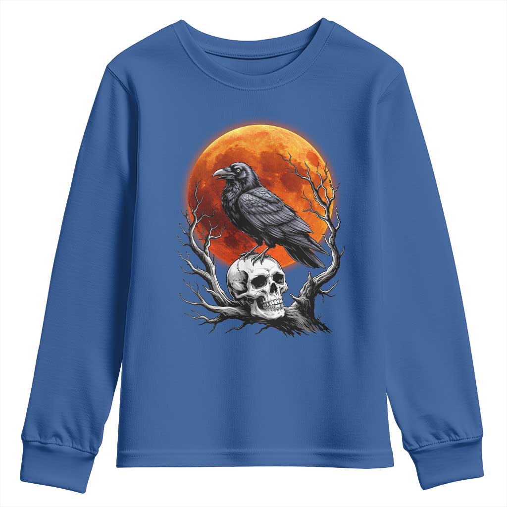 Gothic Raven on Skull Blood Moon Youth Sweatshirt Spooky Halloween Macabre Dark Art Graphic
