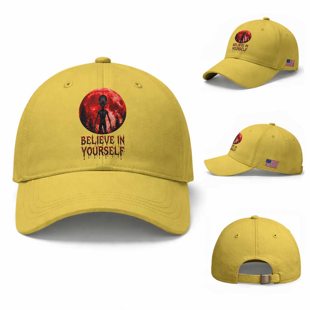 Creepy Alien Believe In Yourself Baseball Cap Funny Blood Moon Sci-Fi Horror Graphic