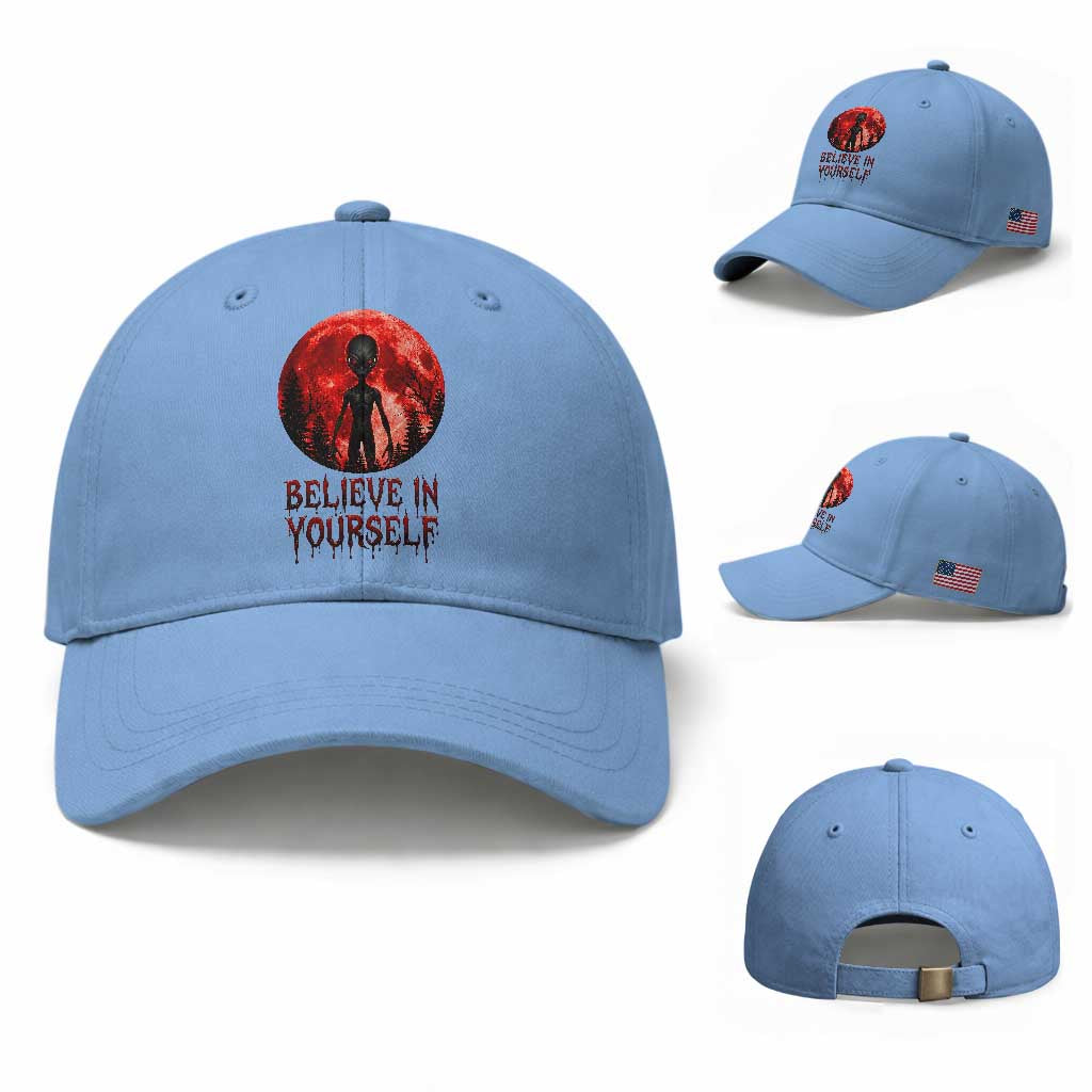 Creepy Alien Believe In Yourself Baseball Cap Funny Blood Moon Sci-Fi Horror Graphic