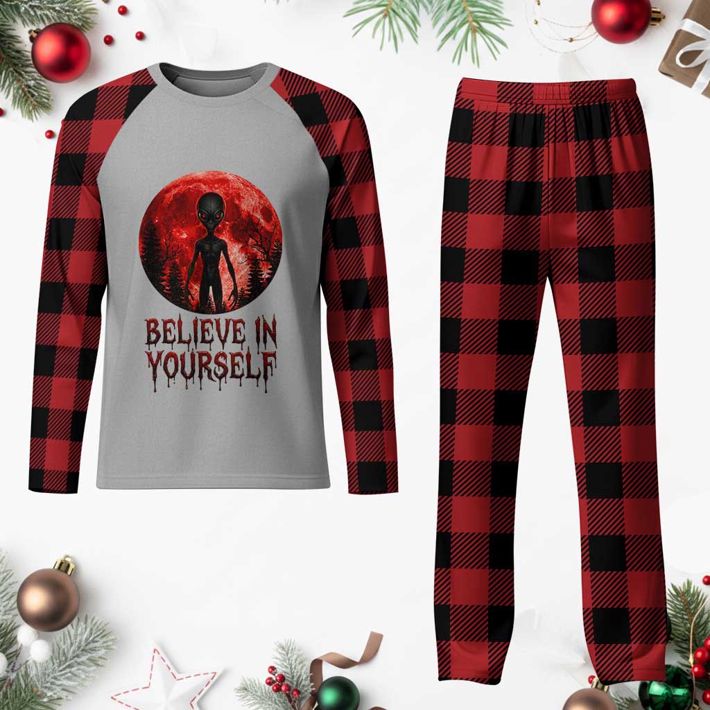 Creepy Alien Believe In Yourself Plaid Pajama Set Funny Blood Moon Sci-Fi Horror Graphic