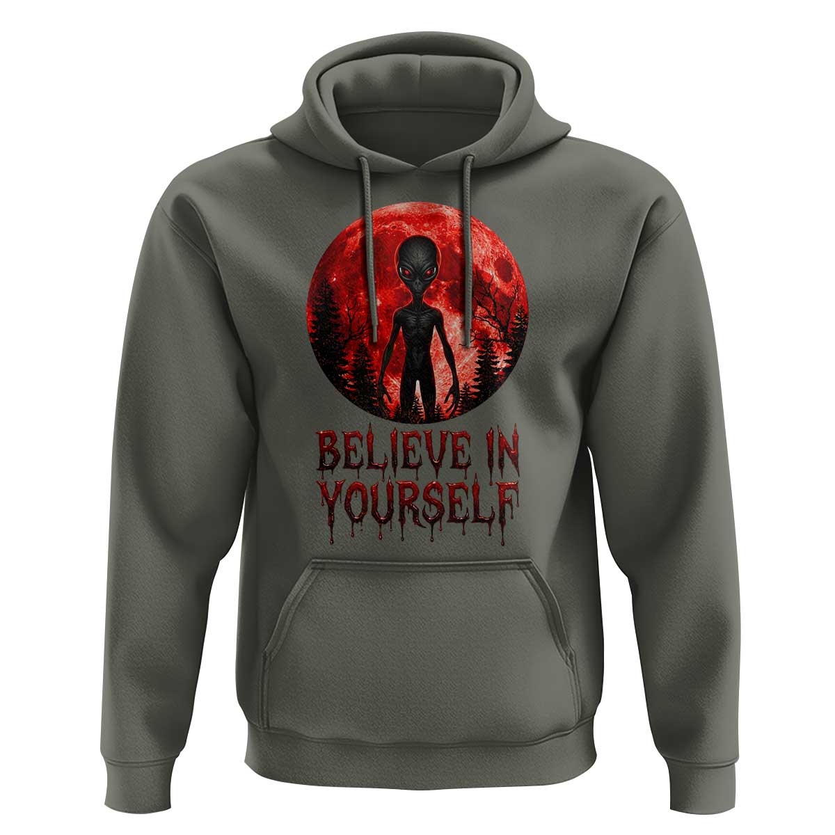 Creepy Alien Believe In Yourself Hoodie Funny Blood Moon Sci-Fi Horror Graphic