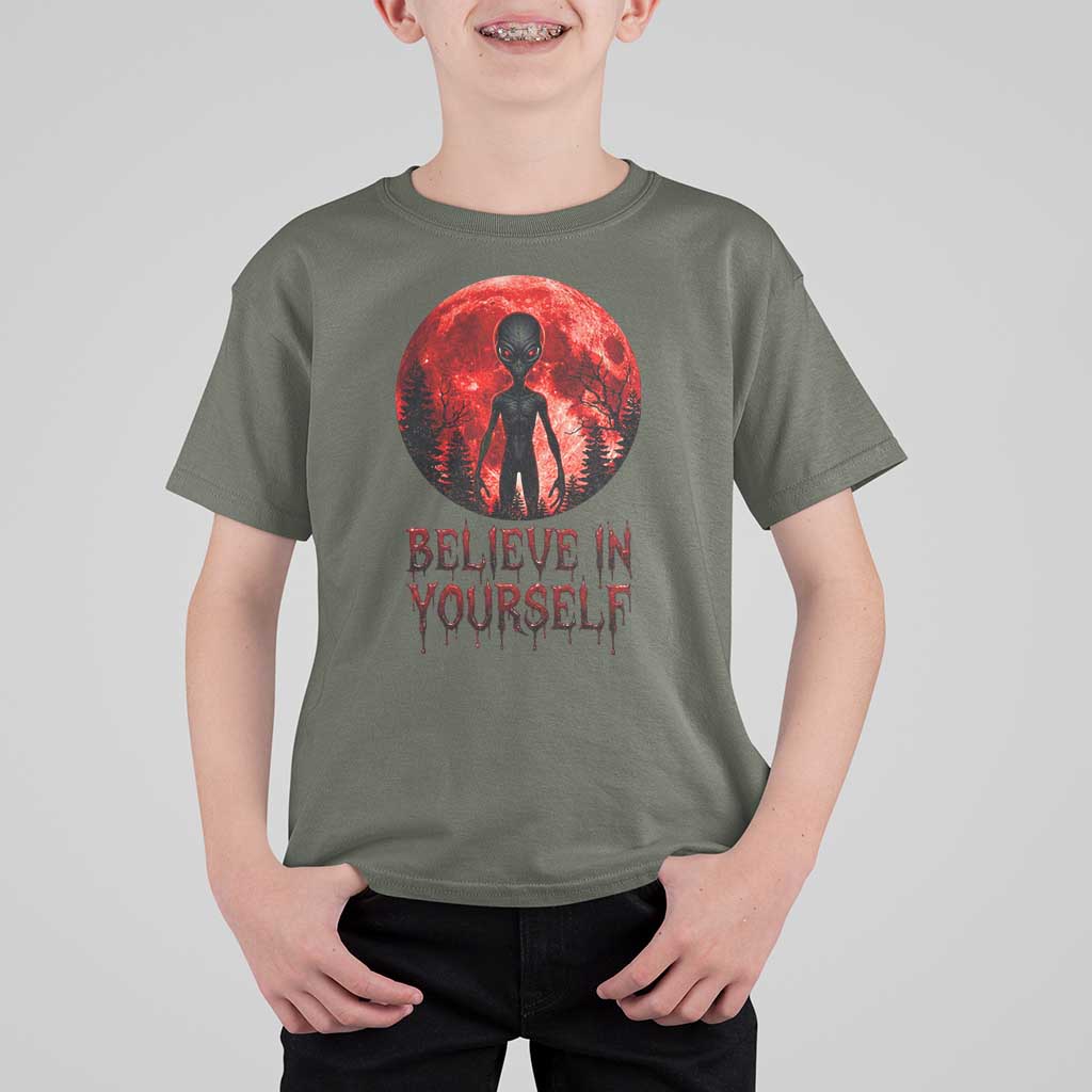 Creepy Alien Believe In Yourself T Shirt For Kid Funny Blood Moon Sci-Fi Horror Graphic