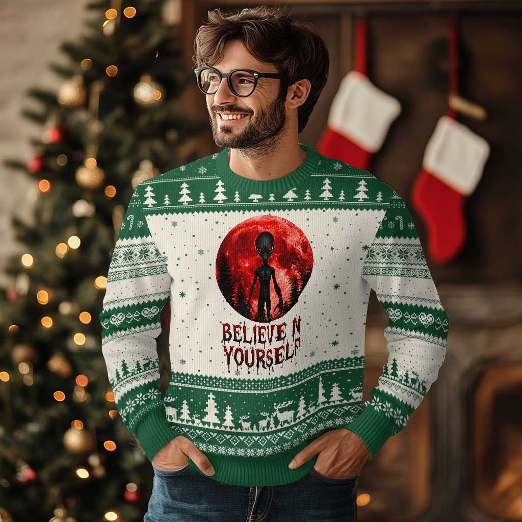 Creepy Alien Believe In Yourself Ugly Christmas Sweater Funny Blood Moon Sci-Fi Horror Graphic
