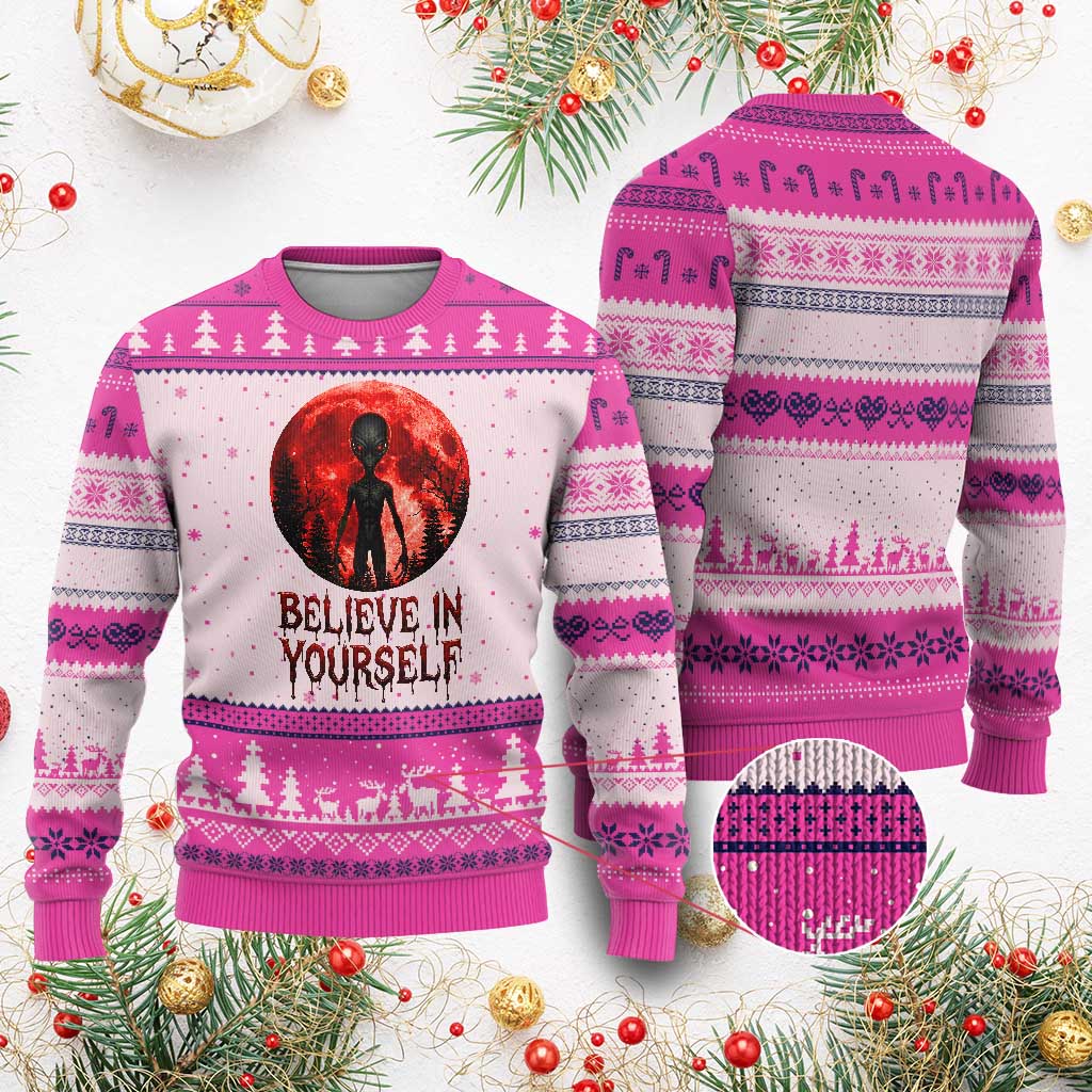 Creepy Alien Believe In Yourself Ugly Christmas Sweater Funny Blood Moon Sci-Fi Horror Graphic