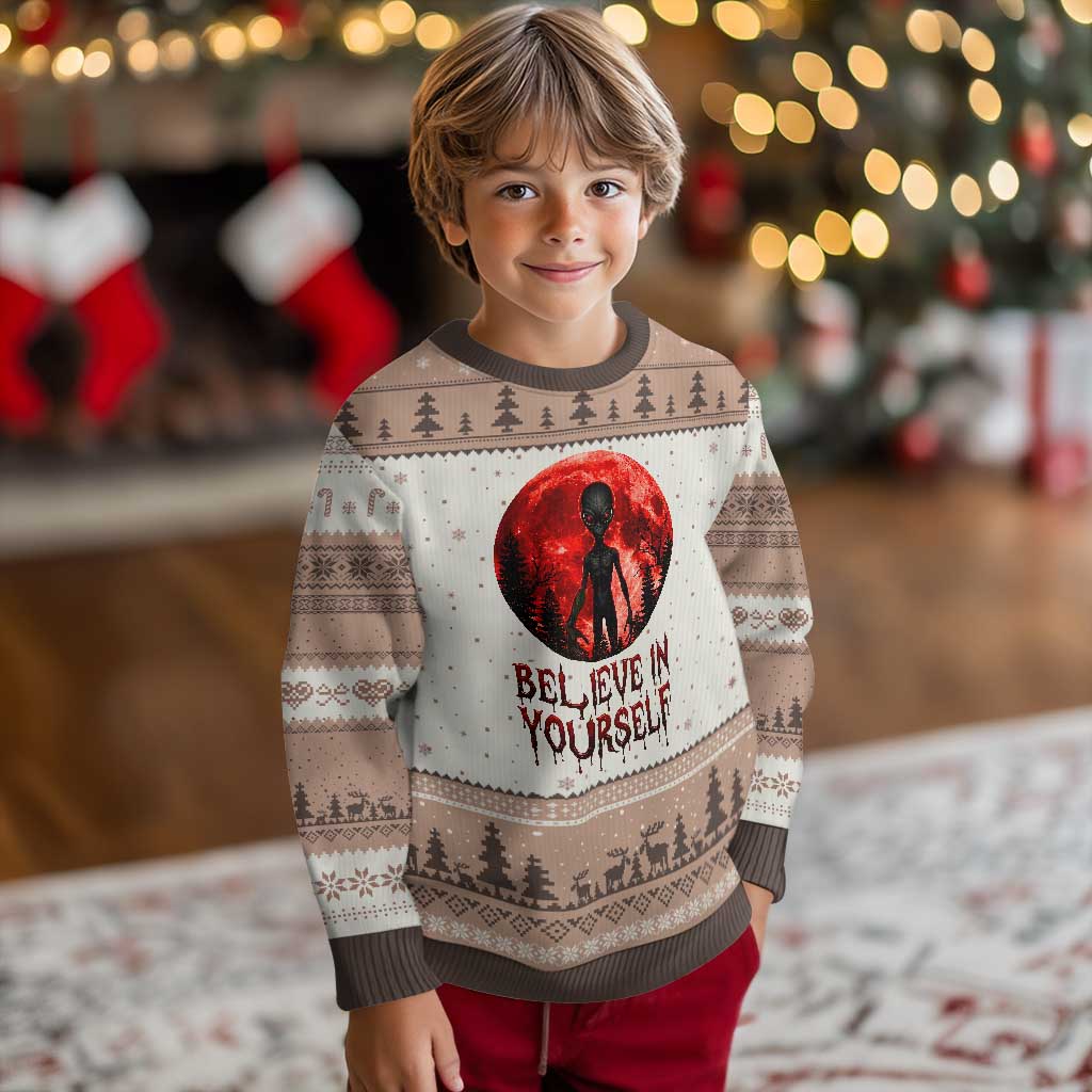 Creepy Alien Believe In Yourself Ugly Christmas Sweater Funny Blood Moon Sci-Fi Horror Graphic
