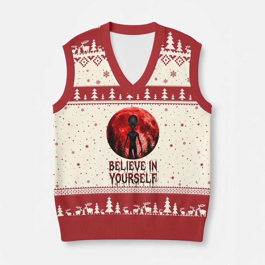 Creepy Alien Believe In Yourself V-Neck Knit Sweater Vest Funny Blood Moon Sci-Fi Horror Graphic