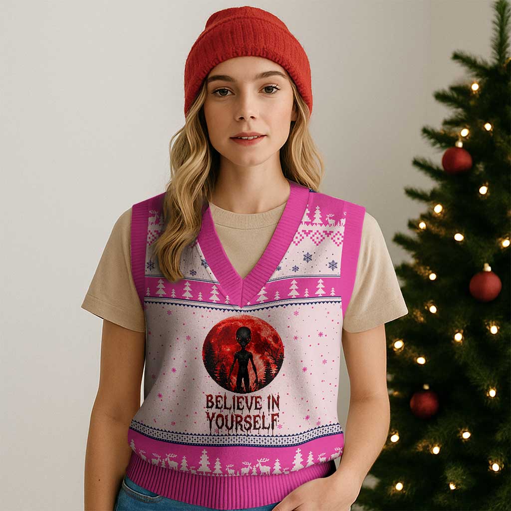 Creepy Alien Believe In Yourself V-Neck Knit Sweater Vest Funny Blood Moon Sci-Fi Horror Graphic