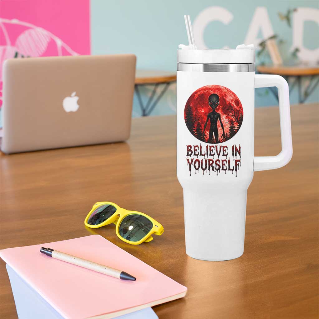Creepy Alien Believe In Yourself Tumbler With Handle Funny Blood Moon Sci-Fi Horror Graphic