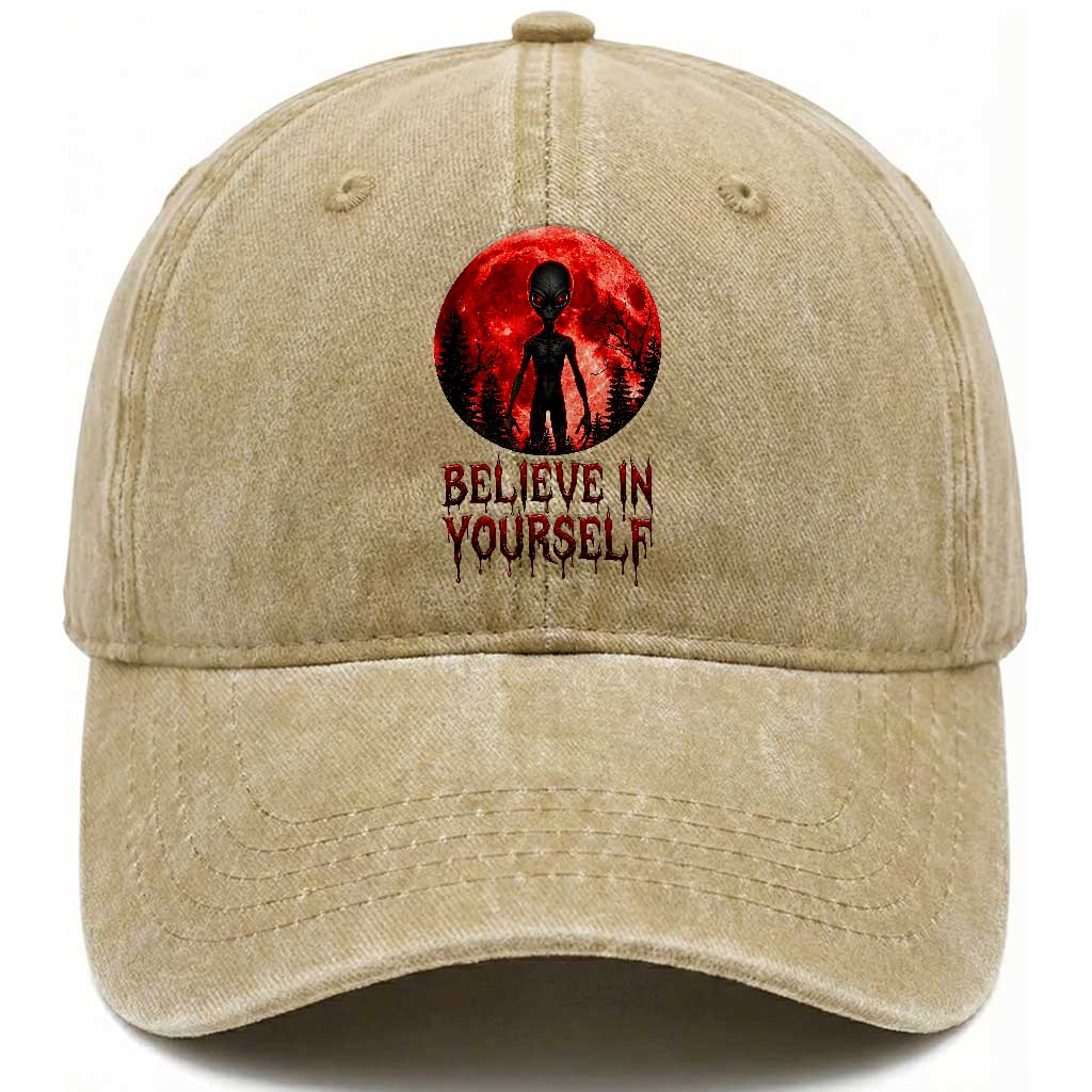 Creepy Alien Believe In Yourself Washed Cotton Baseball Cap Funny Blood Moon Sci-Fi Horror Graphic
