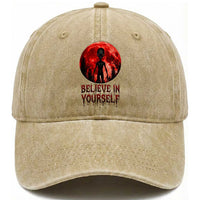 Creepy Alien Believe In Yourself Washed Cotton Baseball Cap Funny Blood Moon Sci-Fi Horror Graphic