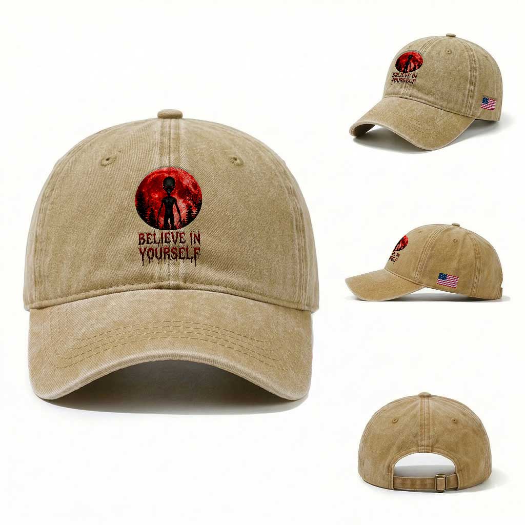 Creepy Alien Believe In Yourself Washed Cotton Baseball Cap Funny Blood Moon Sci-Fi Horror Graphic