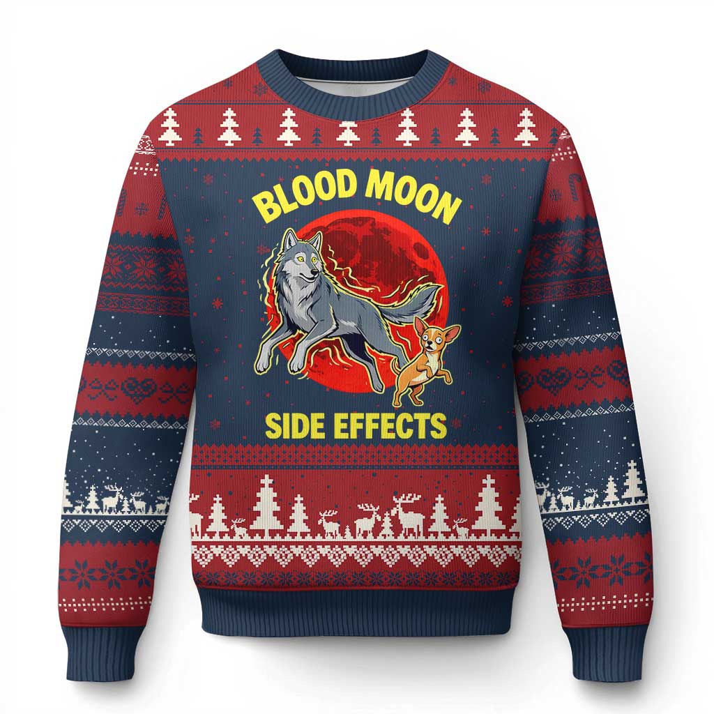Funny Blood Moon Side Effects Wolf and Chihuahua Dog Humor Graphic Ugly Christmas Sweater