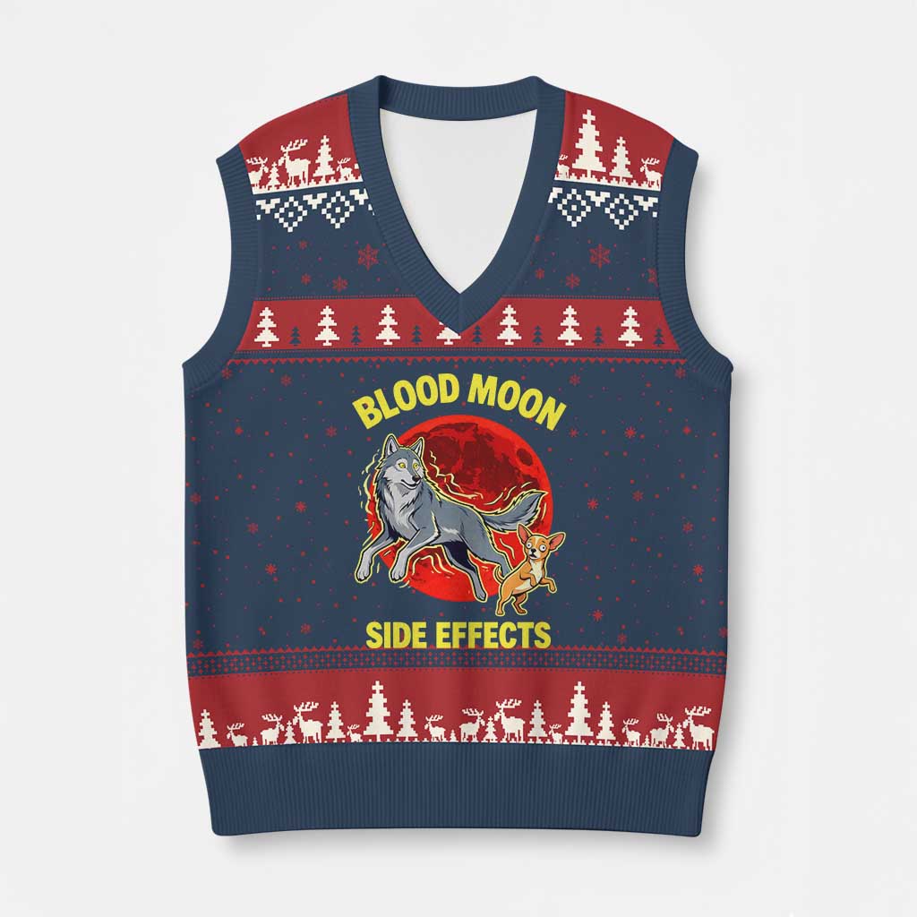 Funny Blood Moon Side Effects Wolf and Chihuahua Dog Humor Graphic V-Neck Knit Sweater Vest