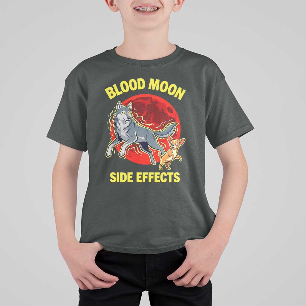 Funny Blood Moon Side Effects Wolf and Chihuahua Dog Humor Graphic T Shirt For Kid