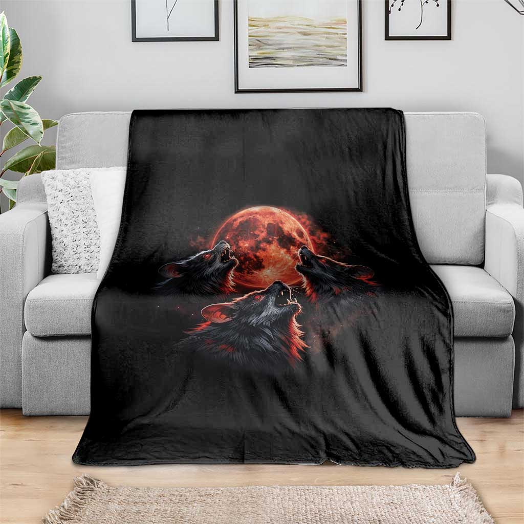 Majestic Three Wolves Howling at Red Blood Moon Graphic Throw Blanket Wild Nature with Celestial Astronomy